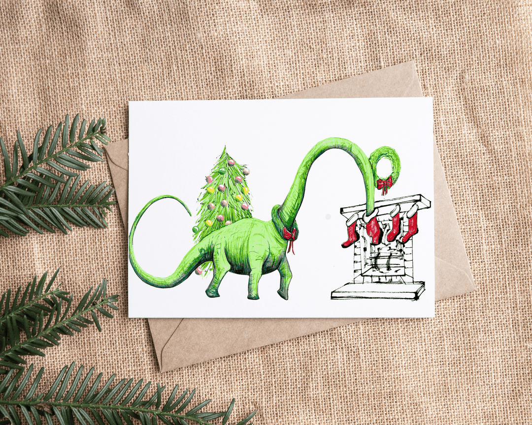 Diplodocus Raiding Christmas Stocking | 5x7 holiday greeting card