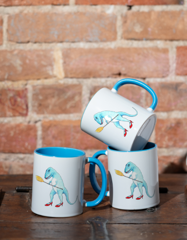 Teal Dinosaur in cherry-red high heals mug