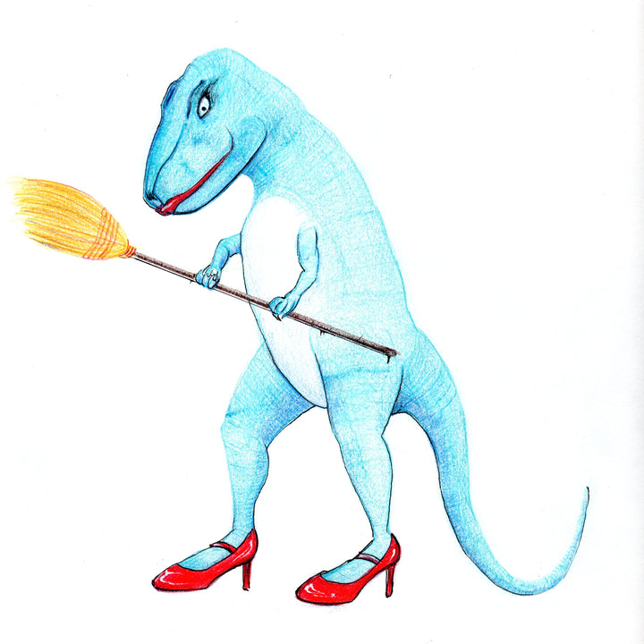 Blue dinosaur character with high heels and a broom on a white background