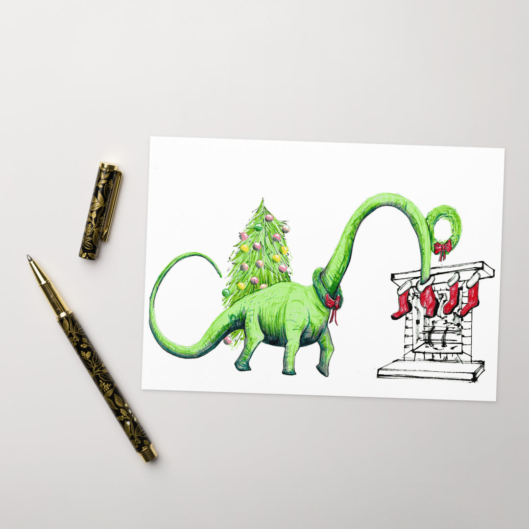 Diplodocus Raiding Christmas Stocking | 5x7 holiday greeting card