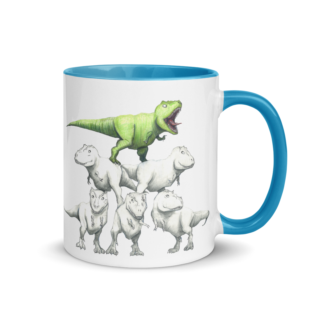 A coffee mug with a detailed, graphite and color pencil drawing of six T. rexes standing in a pyramid formation.